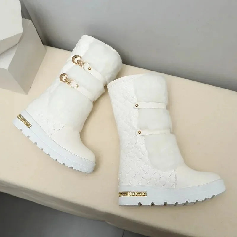 Bottes de neige à fond plat pour femmes, bottes en laine à tube moyen suréWer, chaussures en coton avec grande ceinture, bottes en velours pour femmes, hiver MAEJORKEN