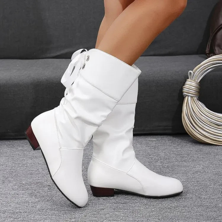 Chaussures pour femmes 2025 printemps genou bottes hautes rouge noir blanc bottes hautes femme plissé talon bas décontracté en cuir femme chaussures longues MAEJORKEN