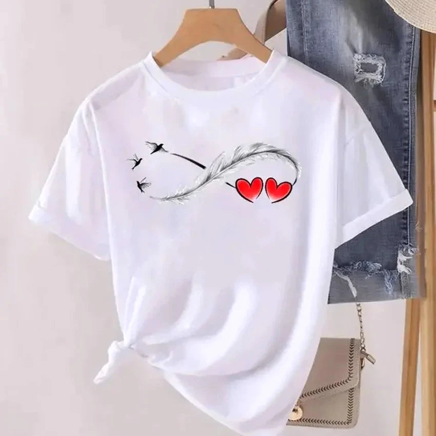 T-shirt graphique tendance pour femme, motif cœur et plumes, vêtement décontracté à manches courtes pour l'été MAEJORKEN