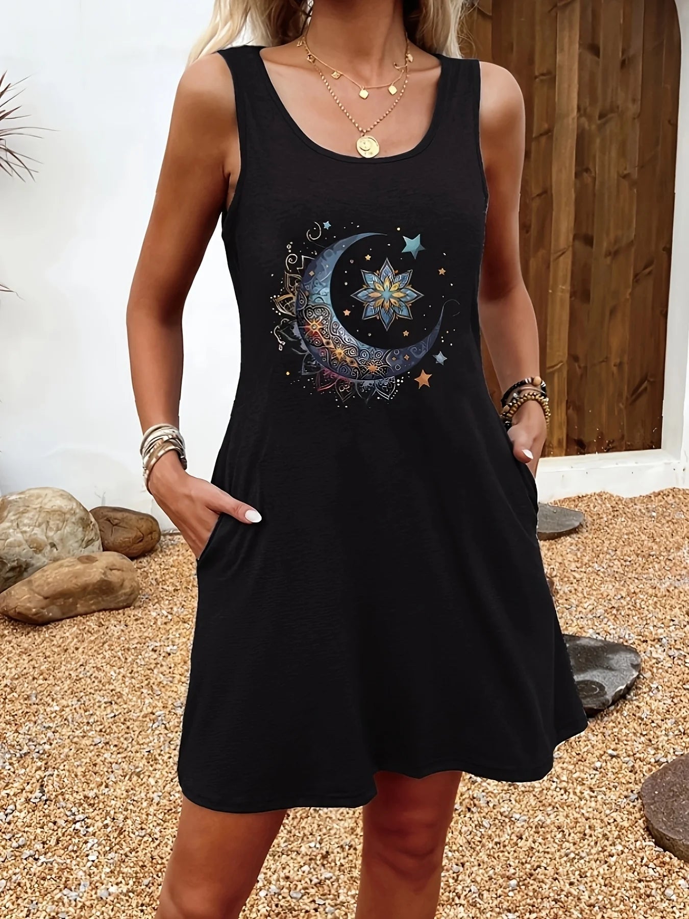 Robe d'été ample et confortable pour femmes, décontractée, motif soleil et lune imprimé, noir, gilet sans manches, jupe, style punk MAEJORKEN