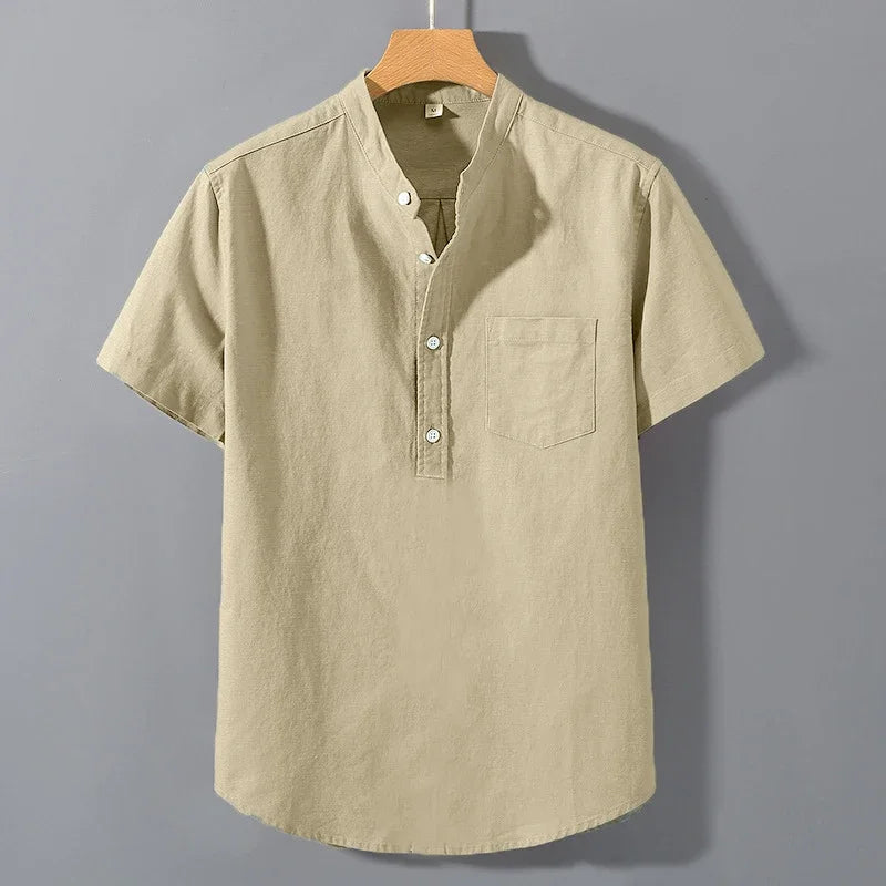 Chemise à manches courtes couleur unie col montant coton du M au 4XL
