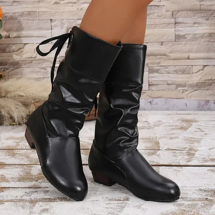 Chaussures pour femmes 2025 printemps genou bottes hautes rouge noir blanc bottes hautes femme plissé talon bas décontracté en cuir femme chaussures longues MAEJORKEN