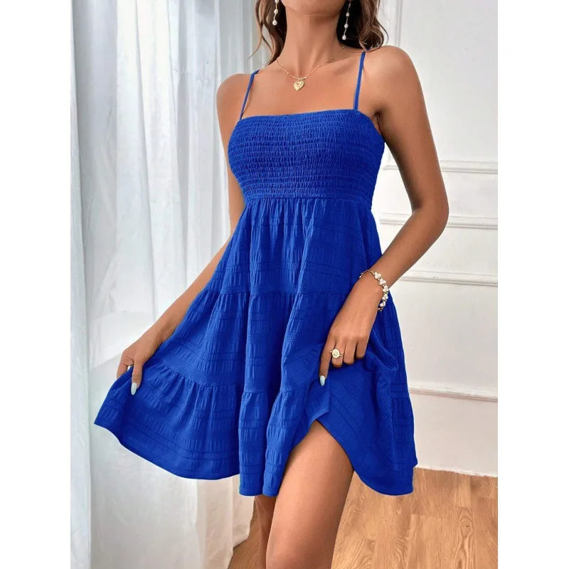Mode femme Spaghetti sangle smocké Bustier Mini robe bleu à volants à plusieurs niveaux robe trapèze été décontracté vacances vêtements de plage du S au 2XL MAEJORKEN