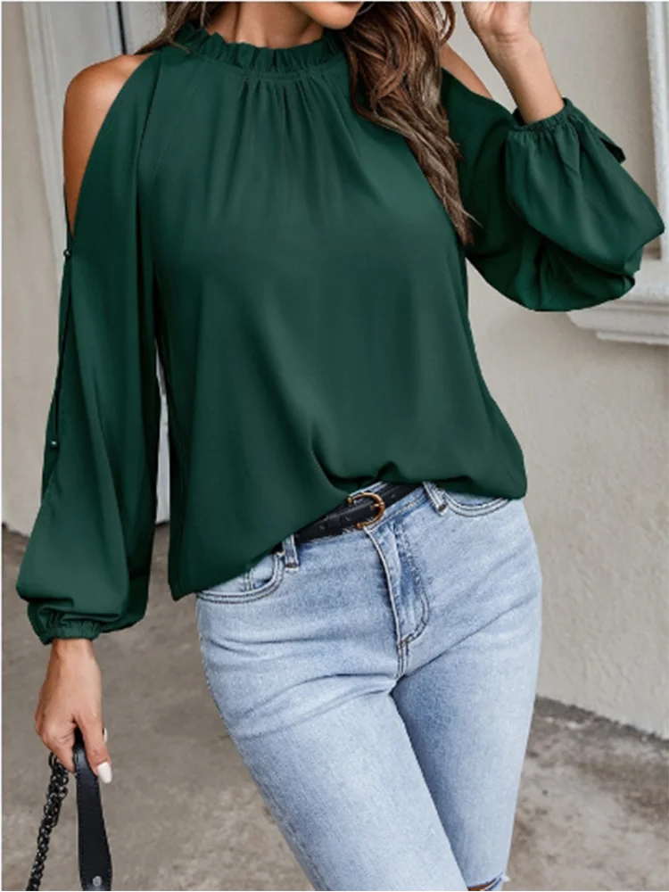 Chemise plissée à manches longues et col rond pour femme, épaules dénudées, Sexy, couleur unie, bureau quotidien, élégant, polyvalent, printemps MAEJORKEN