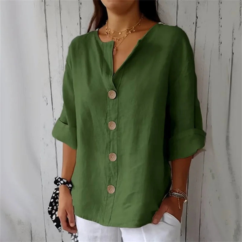 Chemise ample d'été pour femmes, col en v, coton et lin, boutons, chemises décontractées, couleur unie, mode élégante, vêtements de bureau pour femmes, chemisier 2025 MAEJORKEN