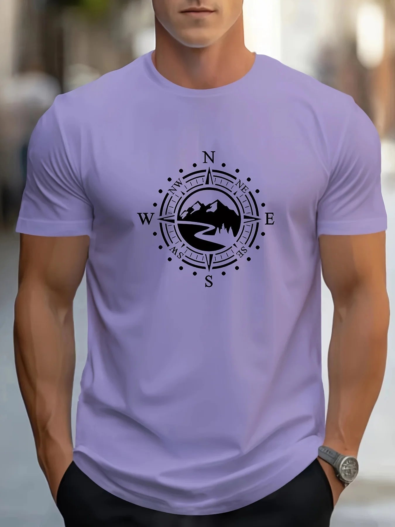 T-shirt manches courtes col rond pour hommes, décontracté, ample, grand motif de boussole imprimé, sport, confortable, été MAEJORKEN