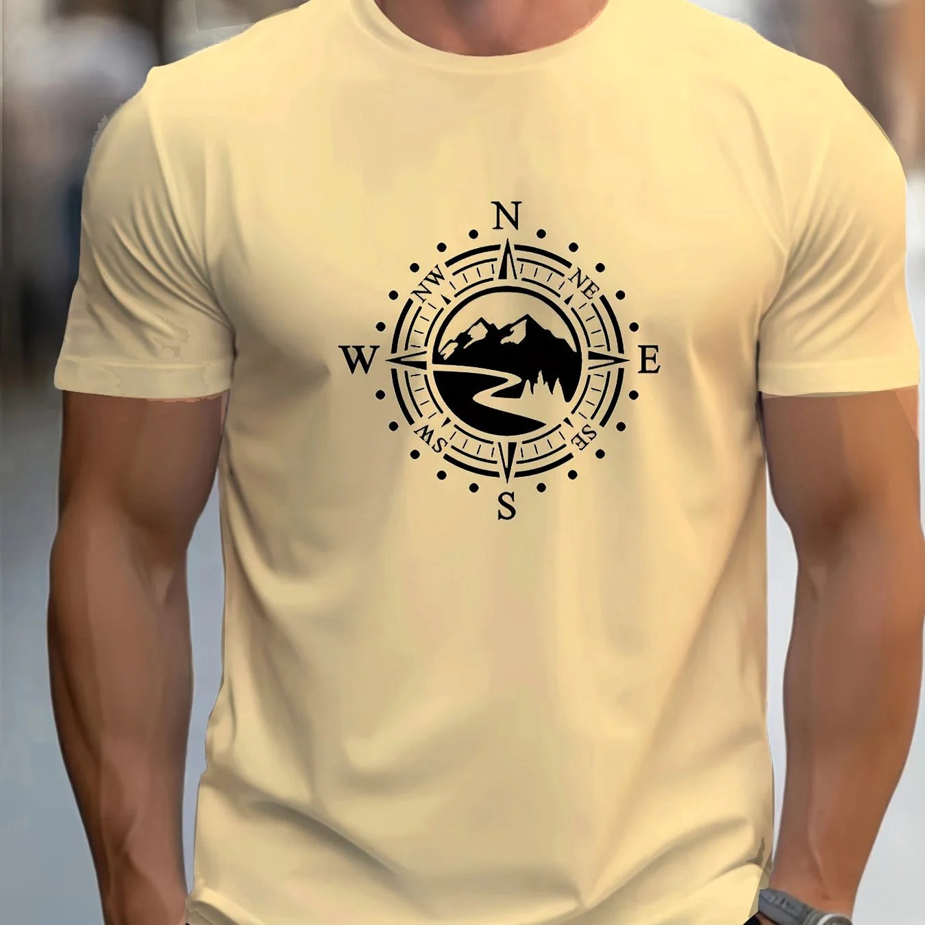 T-shirt manches courtes col rond pour hommes, décontracté, ample, grand motif de boussole imprimé, sport, confortable, été MAEJORKEN