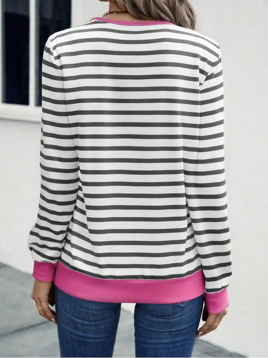 Nouvelle Collection Automne 2026 – T-shirt Femme Décontracté et Confortable à Rayures Colorées, Col en V, Manches Longues MAEJORKEN