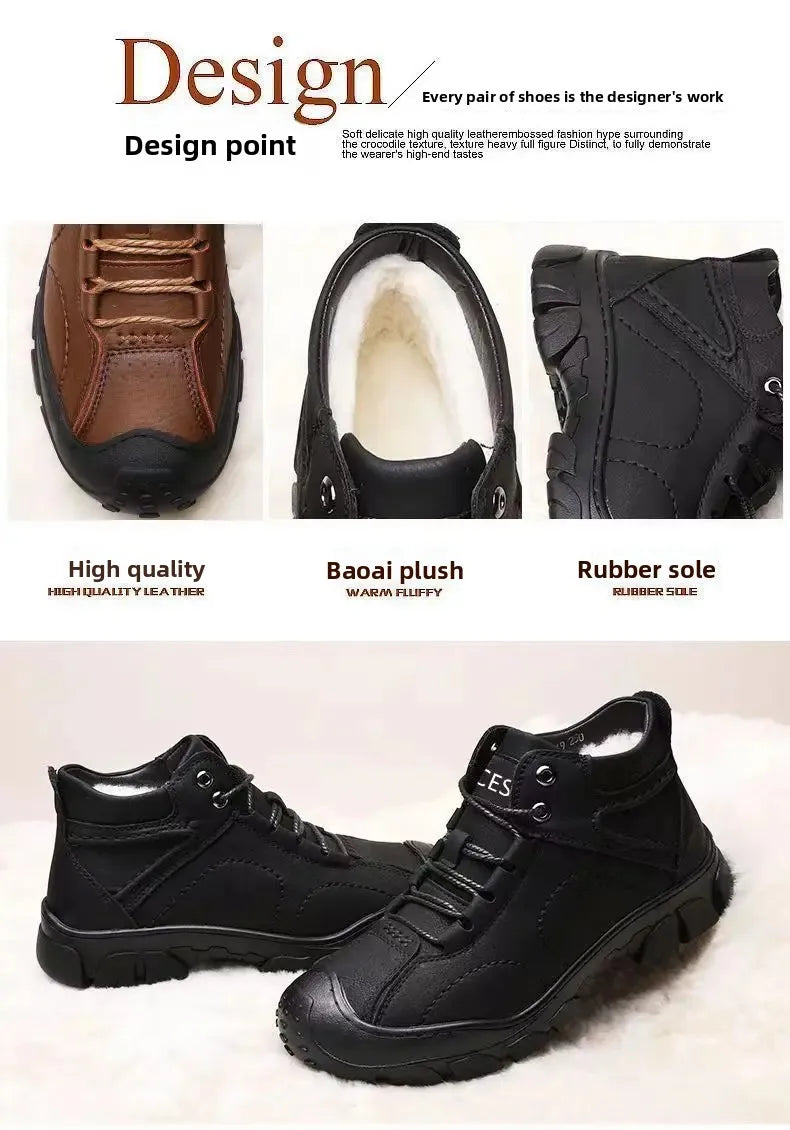 Chaussures d'hiver en cuir imperméable épais pour hommes, doublure polaire, montantes en coton, bottes de neige pour Sports de plein air, semelle extérieure en caoutchouc MAEJORKEN