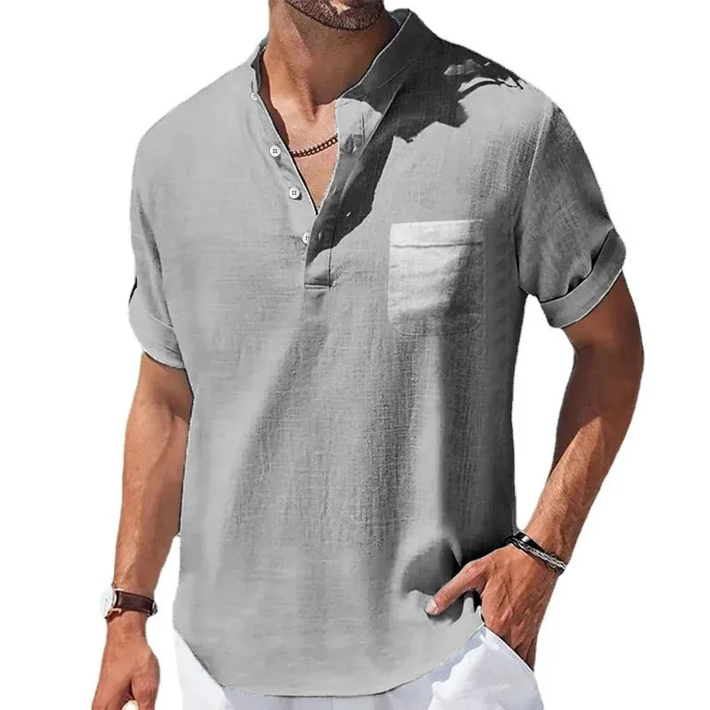 Nouveaux hommes à manches courtes respirant T-shirts été couleur unie chemises de poche de base pour hommes surdimensionné demi bouton lin Streetwear MAEJORKEN