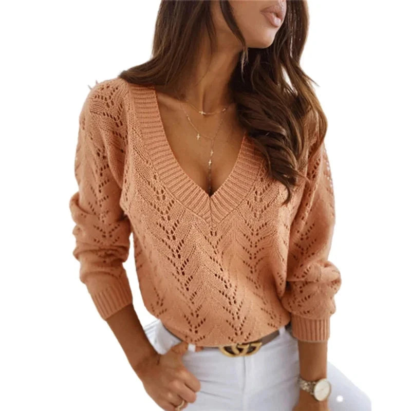 Pull à col en V profond pour femme, pull évidé, manches longues, document solide, chaud, élégant, femme, attrayant pour l'UE, automne, hiver, nouveau MAEJORKEN