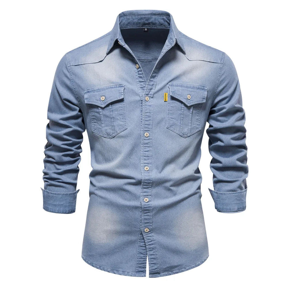 Chemise en denim en coton élastique pour hommes, manches longues, poche pour documents, chemises monochromes pour hommes, coupe couvertes décontractée, vêtements de créateurs, haute qualité MAEJORKEN
