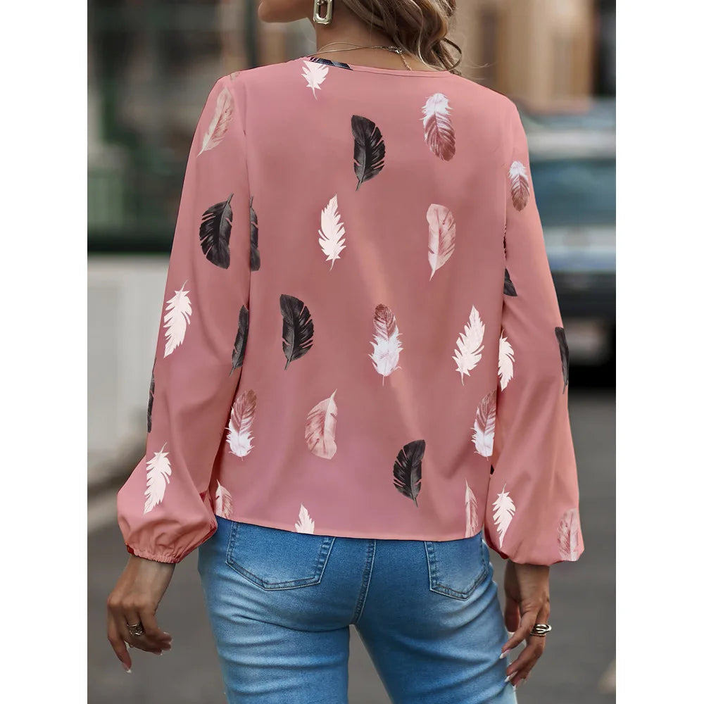 Mode femme Blouse chemises pour femmes haut élégant à manches longues motif de plumes femmes hauts élégant en mousseline de soie Mujer femme vêtements MAEJORKEN