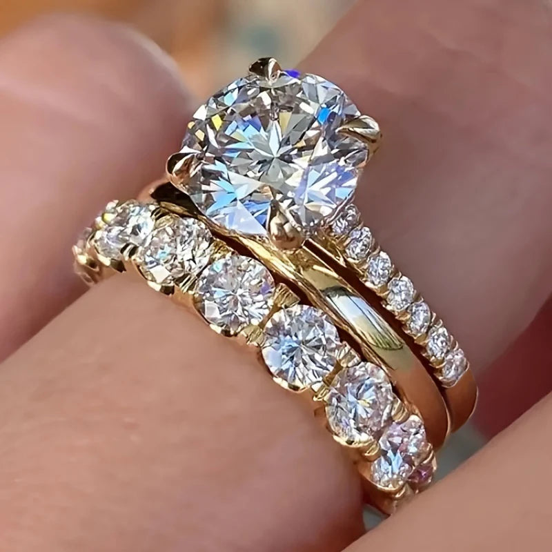 Huitan magnifique 3 pièces ensemble de bagues femme luxe brillant rond zircone doigt bijoux mode couleur or accessoires pour mariage MAEJORKEN