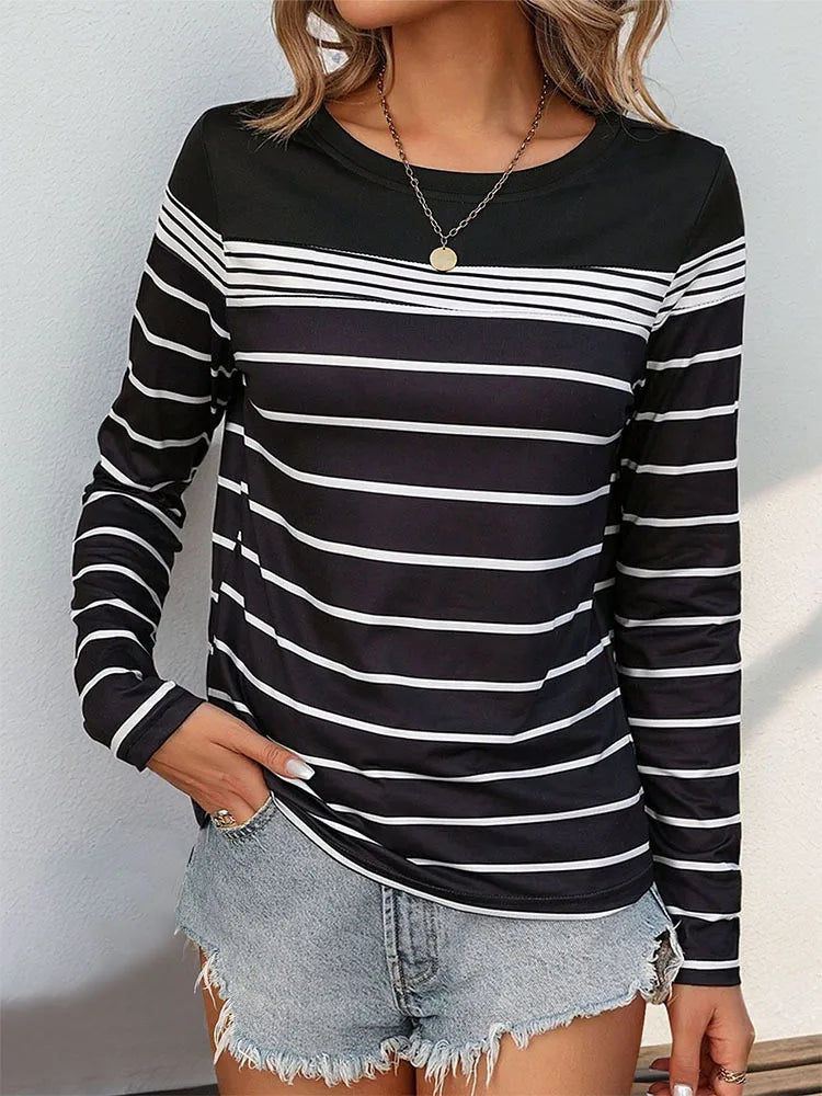 T-shirt Rayé à Manches sulfpour Femme, Décontracté, Européen et Américain, Automne 2024 MAEJORKEN