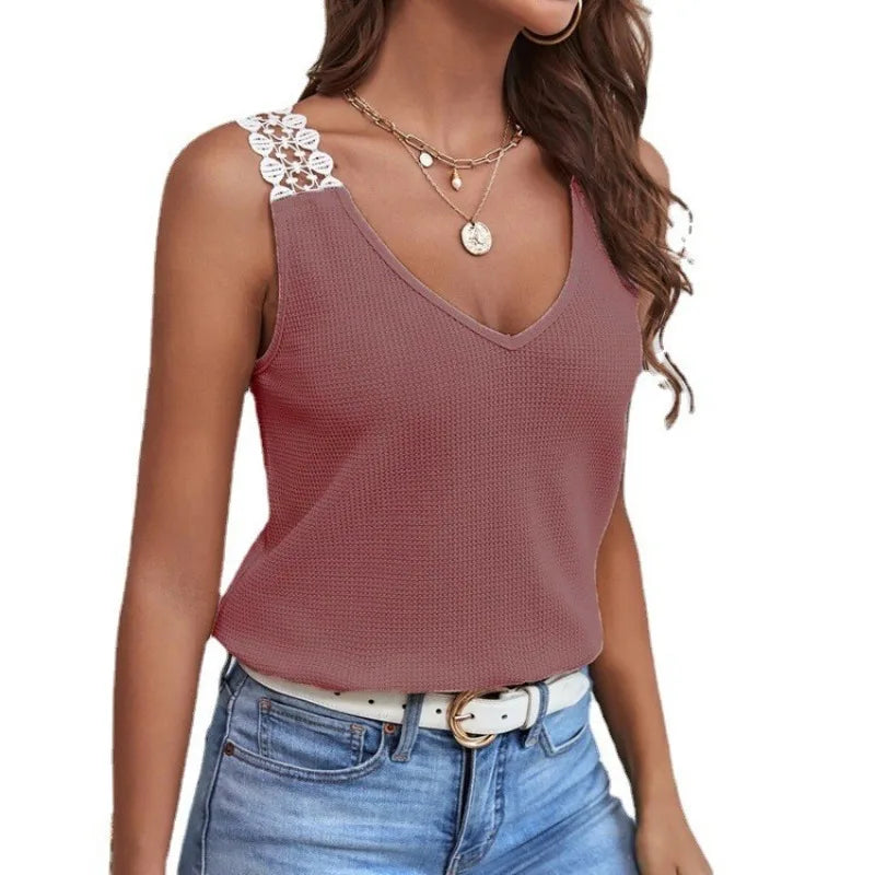 2025 été nouveau débardeur pour femmes couleur unie décontracté dentelle carreaux Patchwork gilet t-shirts hauts MAEJORKEN