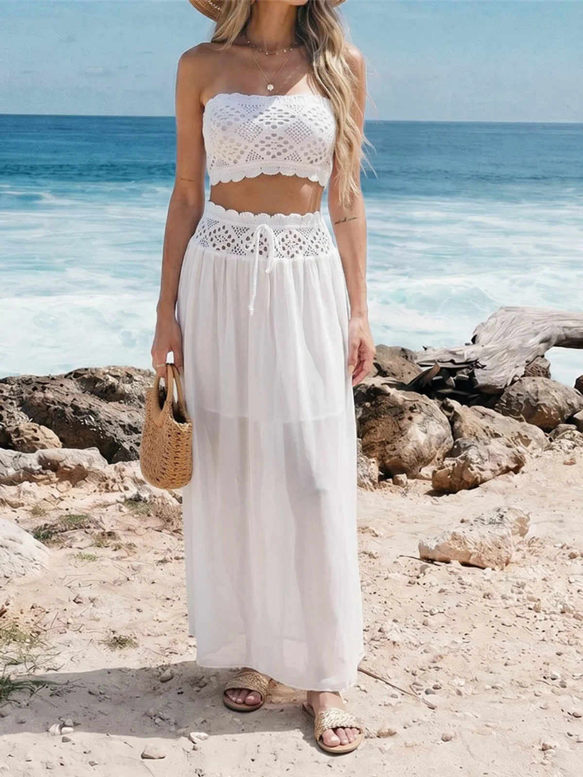Robe de plage cache-maillot S-XL pour femme, ensemble 2 pièces bandeau en crochet tricoté, tunique de plage V8218 MAEJORKEN