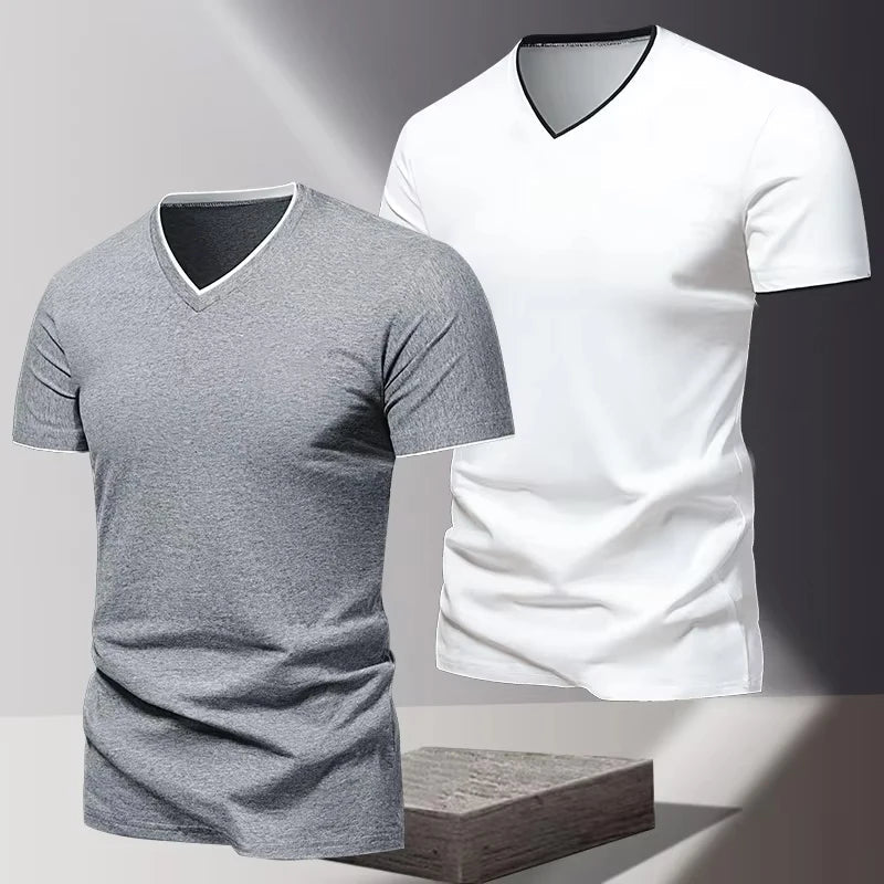 T-shirt pour homme à col en V et manches courtes, T-shirt de sport et de loisirs pour homme, T-shirt basique uni tendance et simple MAEJORKEN