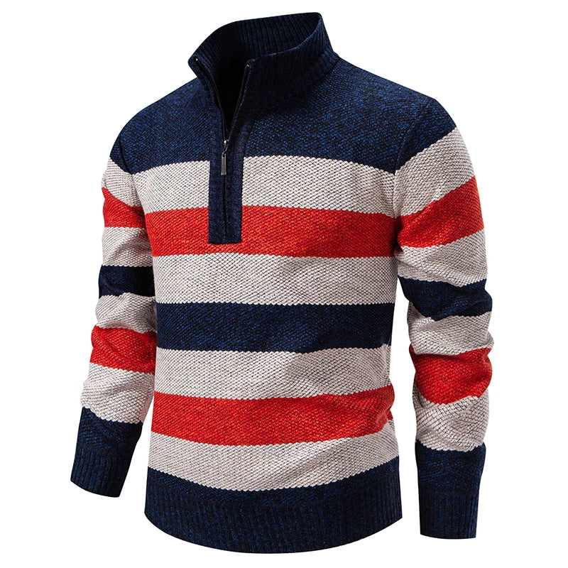 2025 automne hiver tricot pulls hommes Patchwork rayé mode col montant tirer sur tricoté pull homme épais chaud tricots MAEJORKEN