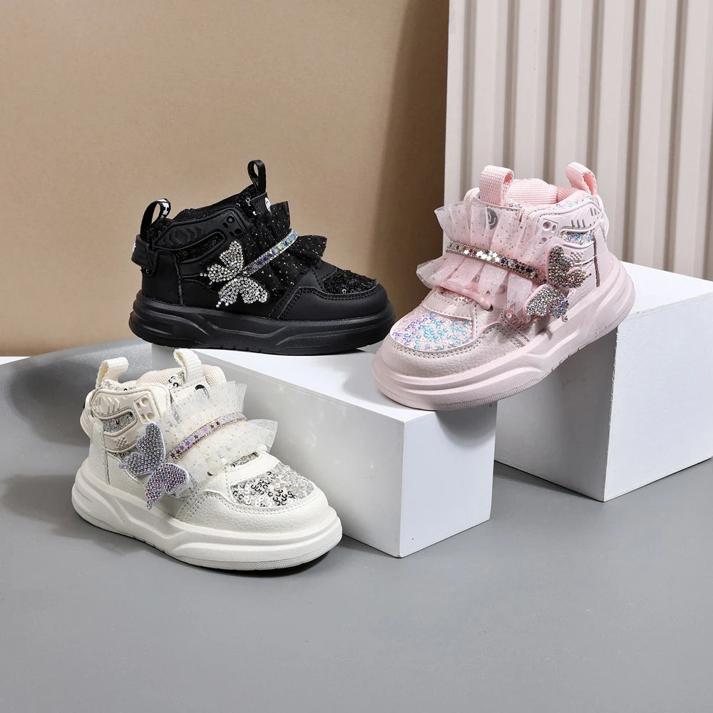 Chaussures d'automne en cuir pour enfants, baskets de Sport pour enfants en bas âge, mignonnes papillons scintillants, semelle souple, à la mode, pour filles, nouvelle collection 2025 MAEJORKEN