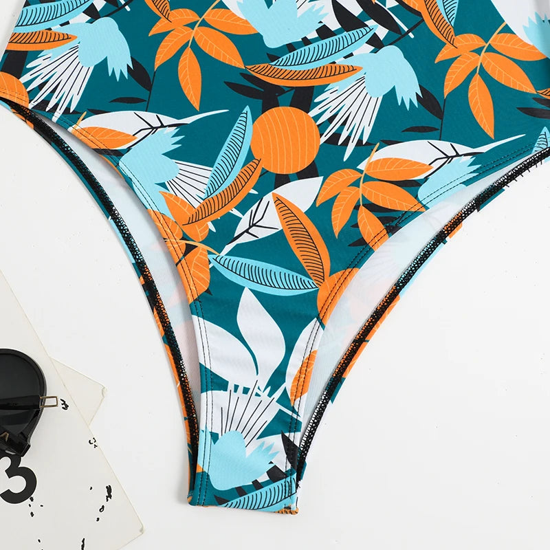 Maillot de bain une pièce imprimé tropical 2026 avec nœud latéral et ceinture, rembourré, pour femme, tenue de plage estivale MAEJORKEN