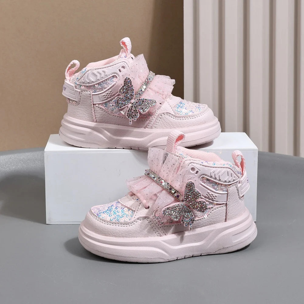 Chaussures d'automne en cuir pour enfants, baskets de Sport pour enfants en bas âge, mignonnes papillons scintillants, semelle souple, à la mode, pour filles, nouvelle collection 2025 MAEJORKEN