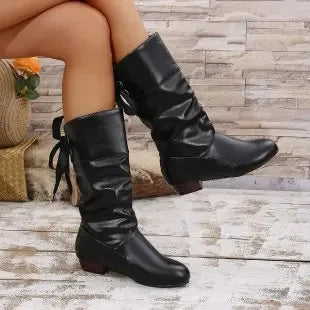 Chaussures pour femmes 2025 printemps genou bottes hautes rouge noir blanc bottes hautes femme plissé talon bas décontracté en cuir femme chaussures longues MAEJORKEN