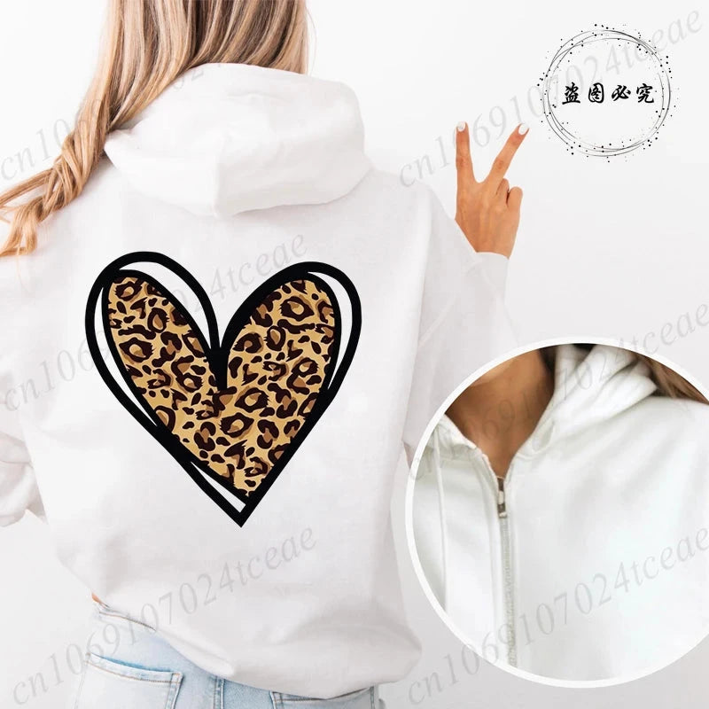 Sweat à capuche avec fermeture éclair pour femmes, Style unisexe, surdimensionné, ample, haut d'extérieur, imprimé cœur, léopard, fermeture éclair, nouvelle collection MAEJORKEN