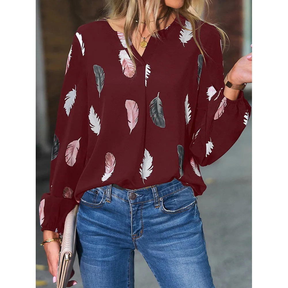 Chemisier femmes haut élégant à manches longues motif de plumes élégant en mousseline de soie du S au 3XL MAEJORKEN