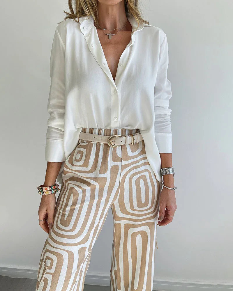Ensemble élégant décontracté couleur unie taille élastique pantalon imprimé du S au 3XL