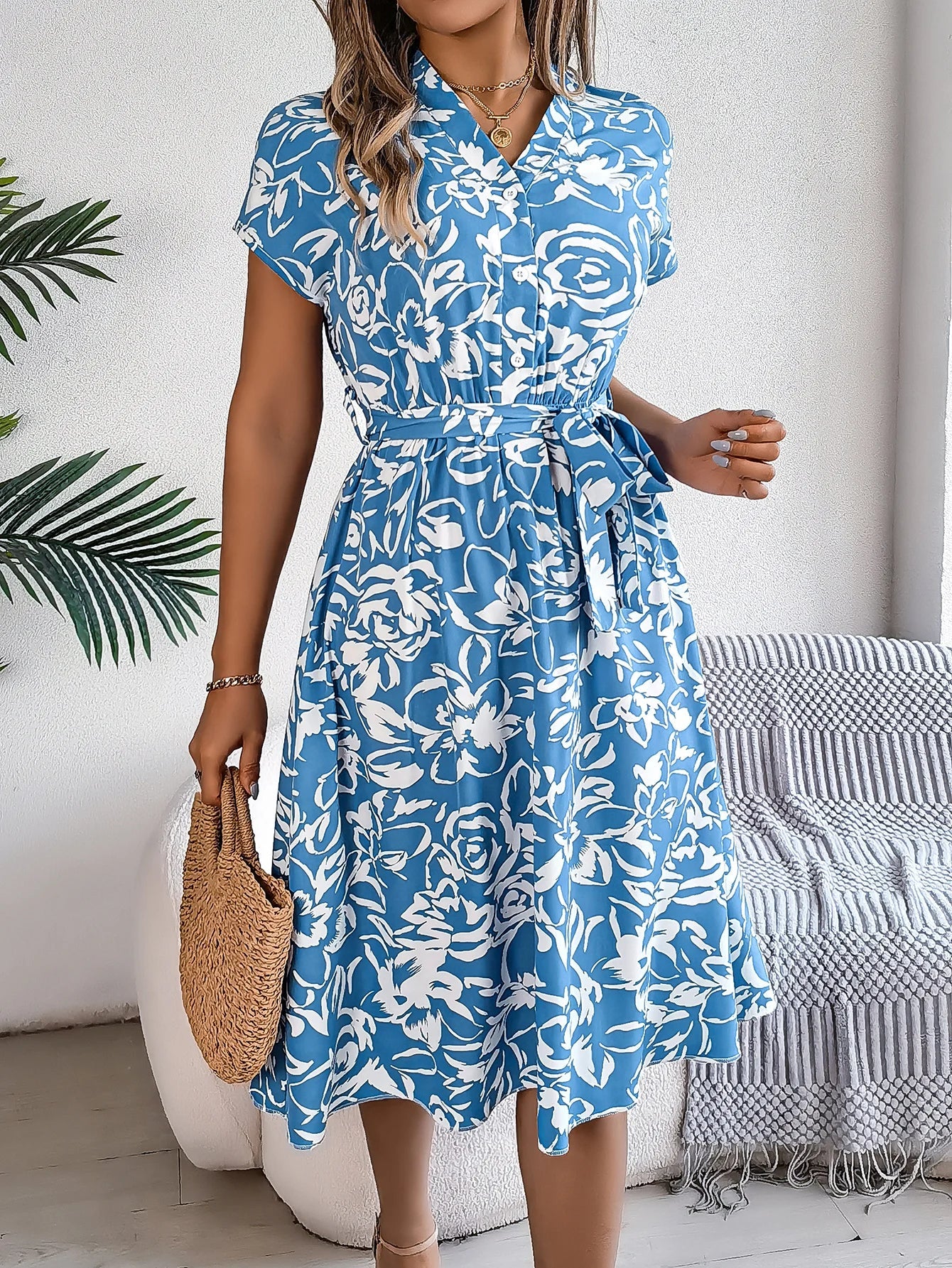 Robes décontractées pour femmes, col en v, boutons, imprimé floral, manches courtes, robe trapèze, printemps été MAEJORKEN