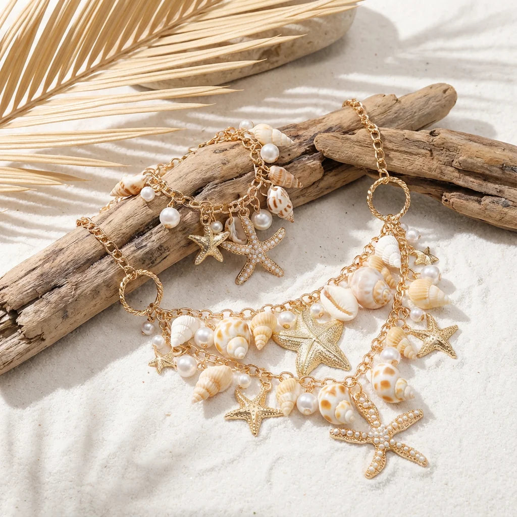Collier pendentif étoile de mer exagéré pour femmes, coquillage, imitation perle, bracelets chaîne, bijoux de plage d'été, cadeau de vacances MAEJORKEN