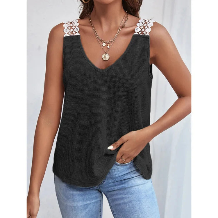 2025 été nouveau débardeur pour femmes couleur unie décontracté dentelle carreaux Patchwork gilet t-shirts hauts MAEJORKEN