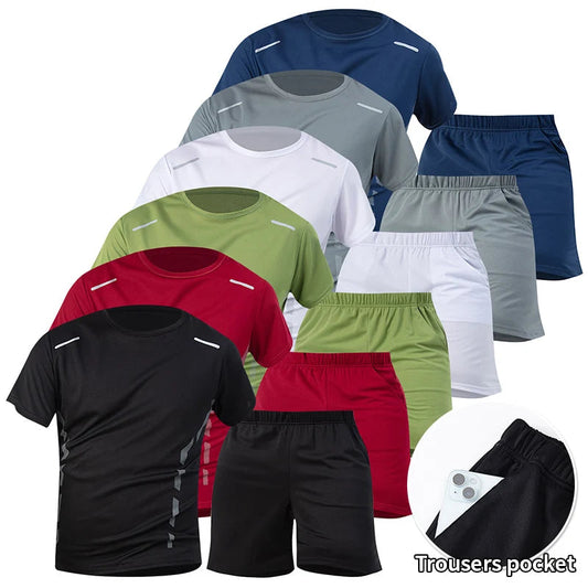 Combinaison de sport d'été 2 pièces pour hommes, T-shirt ample et respirant à manches courtes, Short de course et de Fitness avec poches noires MAEJORKEN