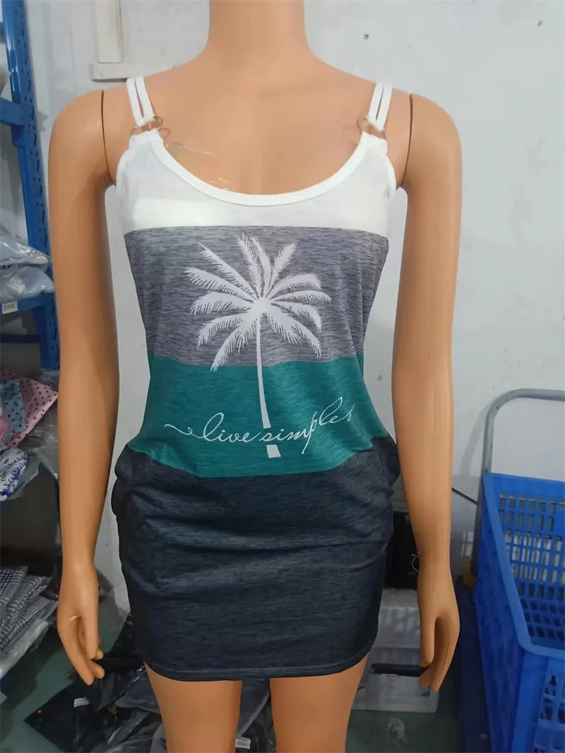 Femmes robes été mode cocotier imprimé décontracté col en v sans manches poche conception quotidien vacances Mini robe DF4984 MAEJORKEN