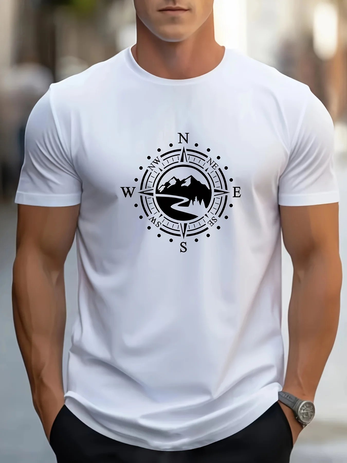 T-shirt manches courtes col rond pour hommes, décontracté, ample, grand motif de boussole imprimé, sport, confortable, été MAEJORKEN
