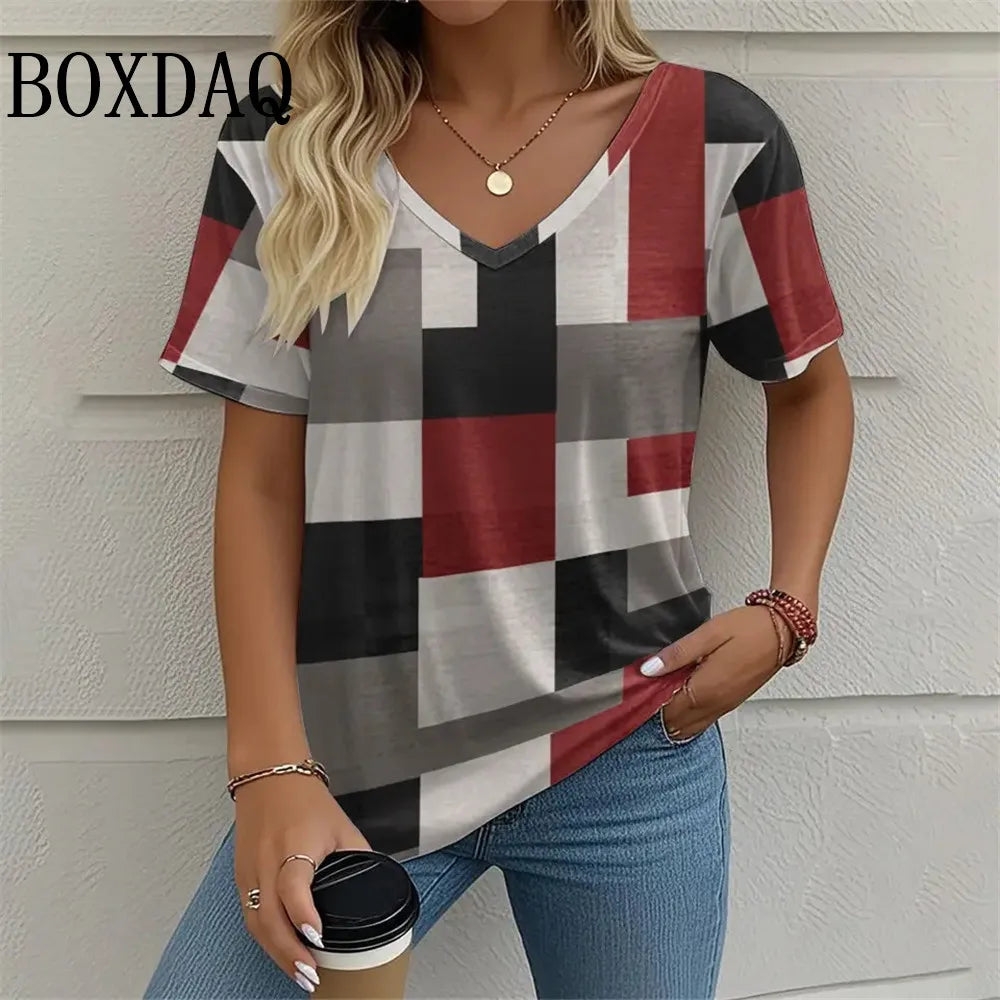 T-Shirt d'été à manches courtes et col en V imprimé graphique du 1XL au 8XL