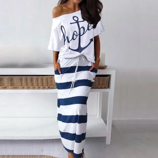 Ensemble t-shirt à épaules dénudées et jupe longue rayée du S au 5XL