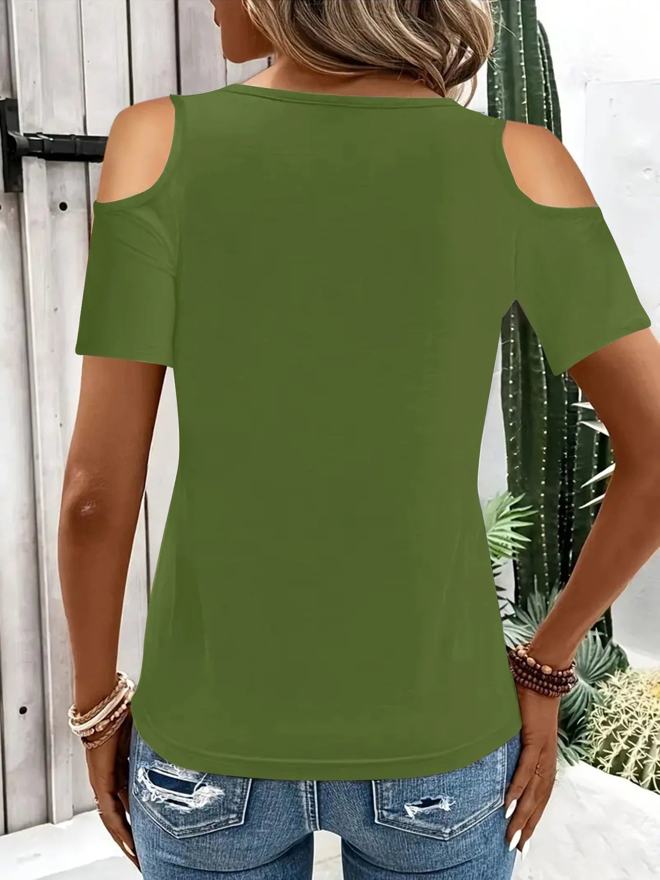 T-shirt à manches courtes décontracté épaules nues col en V couleurs unies du S au 2XL