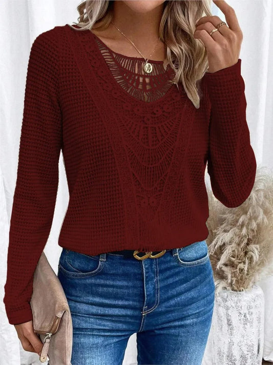 T-shirt à manches longues avec coutures en maille pour femmes, pull monochrome, haut décontracté, mode de bureau, automne et hiver MAEJORKEN