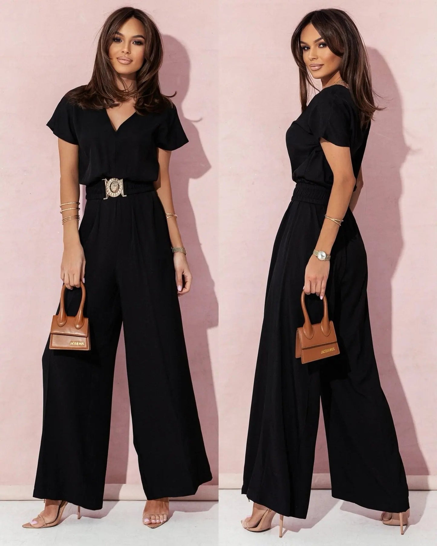 Mode col en v manches courtes taille haute combinaison femmes 2024 été solide jambe large élégant barboteuse Vintage combinaisons salopette femmes MAEJORKEN