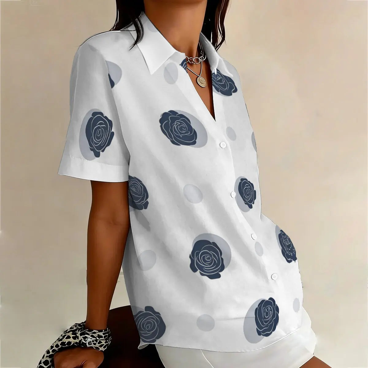 Chemise grande taille pour femme, style rétro français, motif à pois bleus et roses, pour l'été, design polyvalent, manches courtes, modèle de niche MAEJORKEN