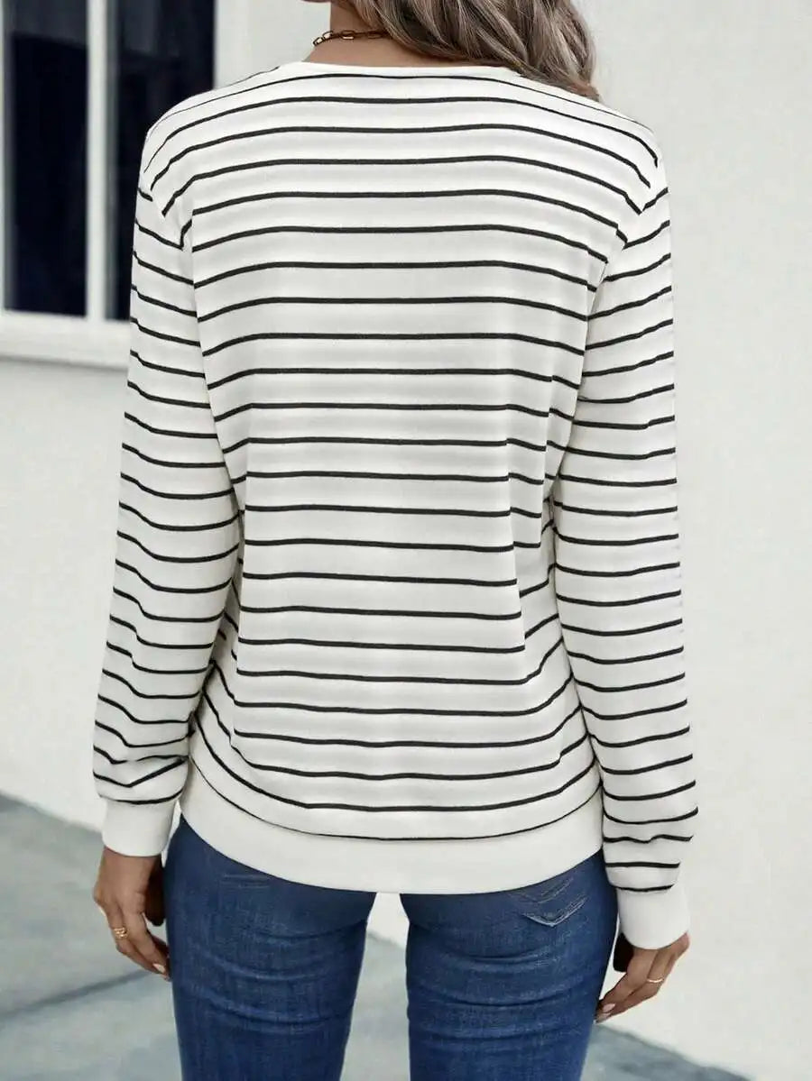 Nouvelle Collection Automne 2026 – T-shirt Femme Décontracté et Confortable à Rayures Colorées, Col en V, Manches Longues MAEJORKEN