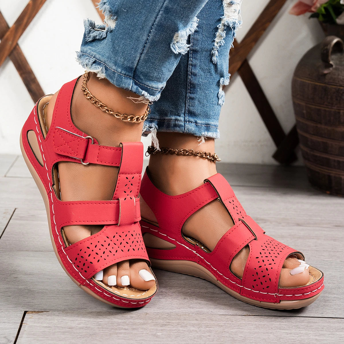 Sandales compensées orthopédiques haut de gamme pour femme, été 2026, à bout ouvert, antidérapantes, style vintage et rétro, chaussures décontractées à plateforme MAEJORKEN