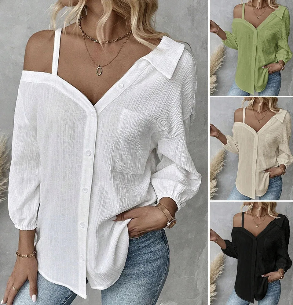 Chemise élégante pour femmes, épaules dénudées, trois quarts, chemisier sexy, décontracté, boutons unis, chemise ample, hauts de bureau pour femmes, streetwear, tuniques du S au XL MAEJORKEN