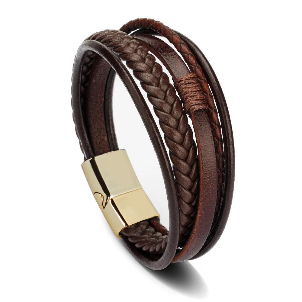 Bracelets en cuir tendance pour hommes, en acier inoxydable, corde tressée multicouche de 21CM, bijoux cadeaux MAEJORKEN