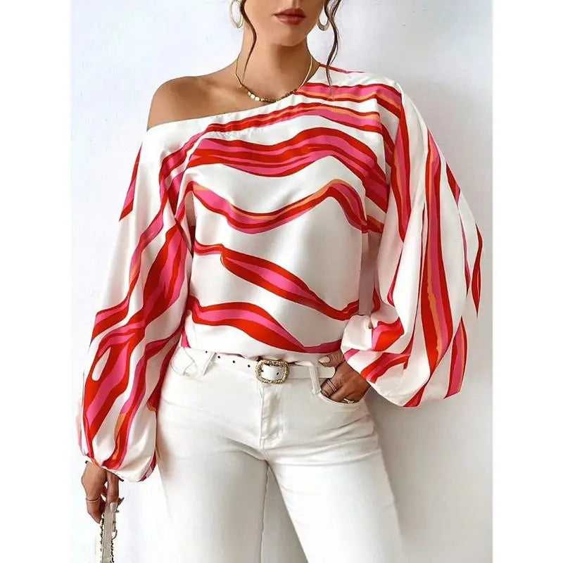 Mode à manches longues Sexy épaules nues chemises femmes Slash cou imprimé Blouses décontractées en vrac femmes élégant Simple dame chemise hauts MAEJORKEN