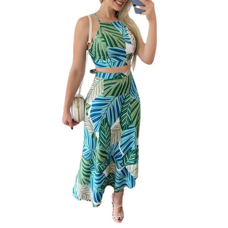 Ensemble deux pièces élégant pour femme, costume de vacances d'été, haut à col frontal, demi-jupe, style plage, imprimé de loisirs MAEJORKEN