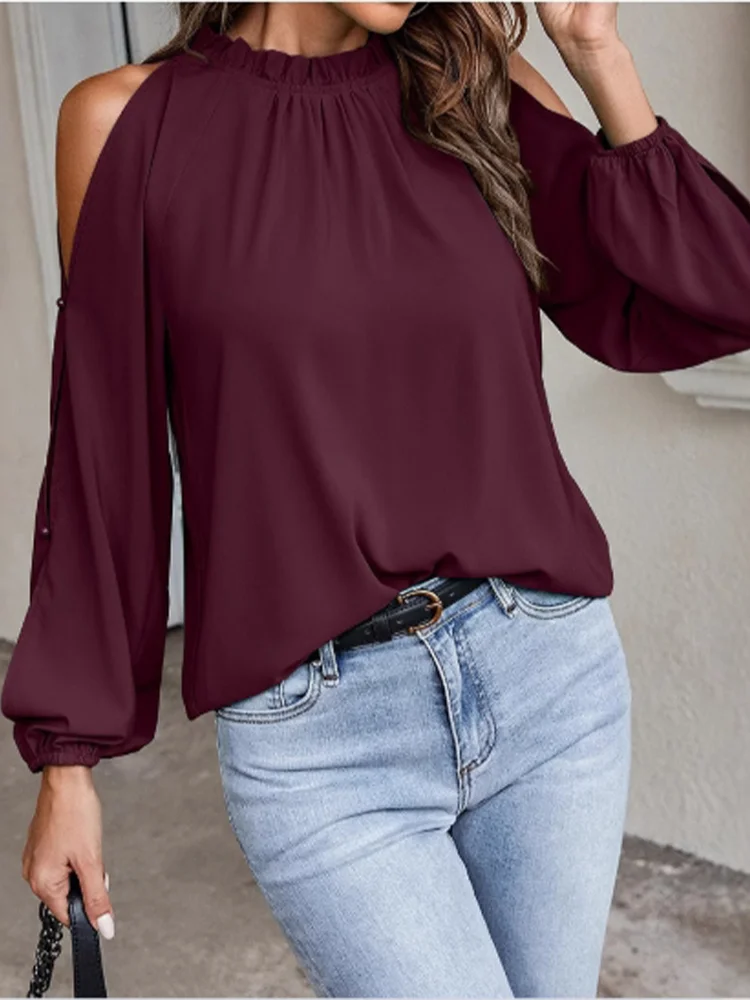 Chemise plissée à manches longues et col rond pour femme, épaules dénudées, Sexy, couleur unie, bureau quotidien, élégant, polyvalent, printemps MAEJORKEN