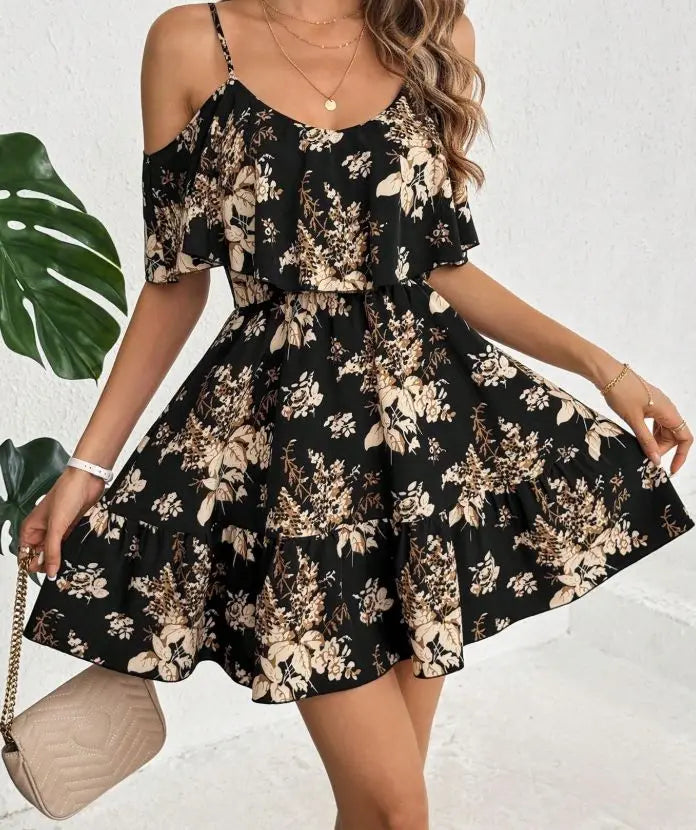 Mini robe imprimée élégante à col licou pour femmes, jupe plissée à taille avec nœud, manches courtes, col en v, à la mode MAEJORKEN